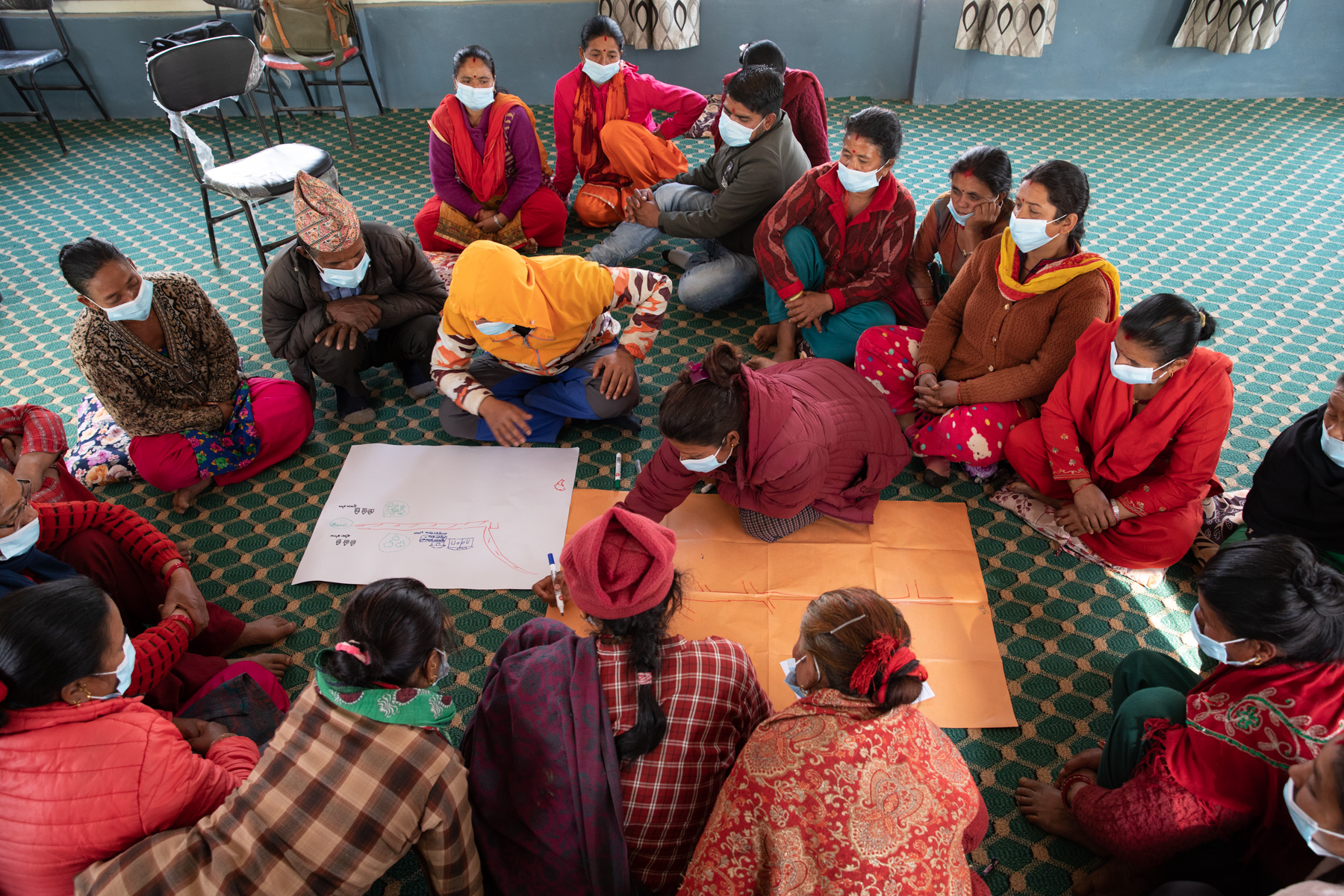 Members of the Shree Chhap Deurali Community Forest in Sindhupalchok, Nepal, collaborate to create a resource map, illustrating their participatory approach to sustainable forest management.